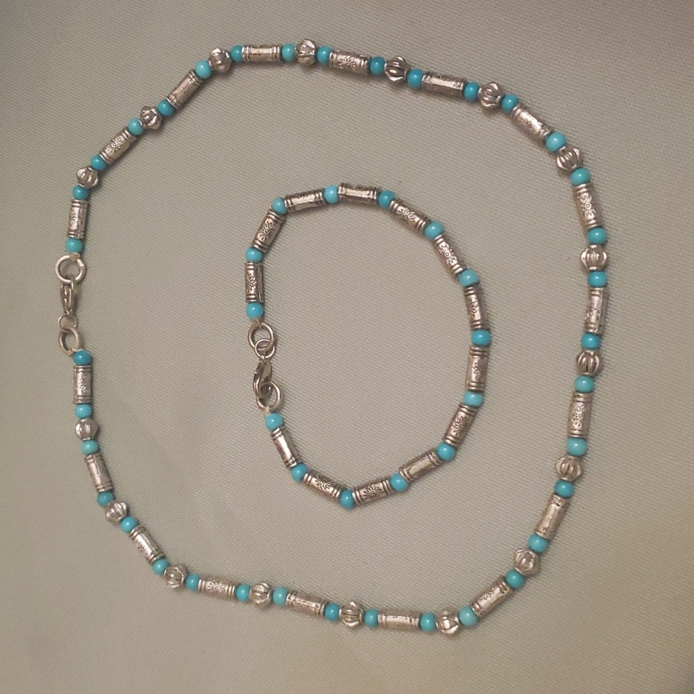 Vintage Antique Necklace Bracelet Set Caribbean Blue made in Damascus